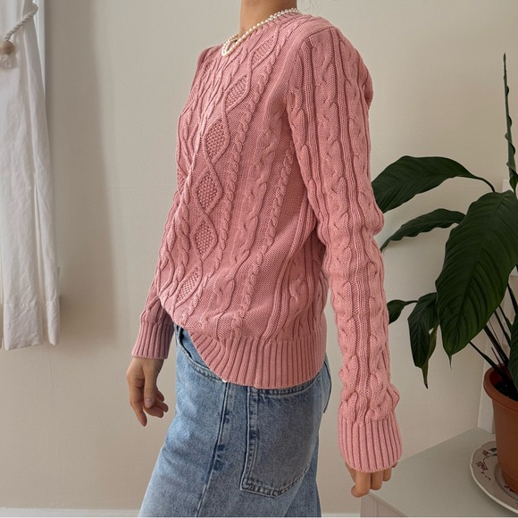 Jeanne Pierre 100% Cotton Crewneck Pink Cable Knit Sweater Long Sleeve Size M - Picture 6 of 10